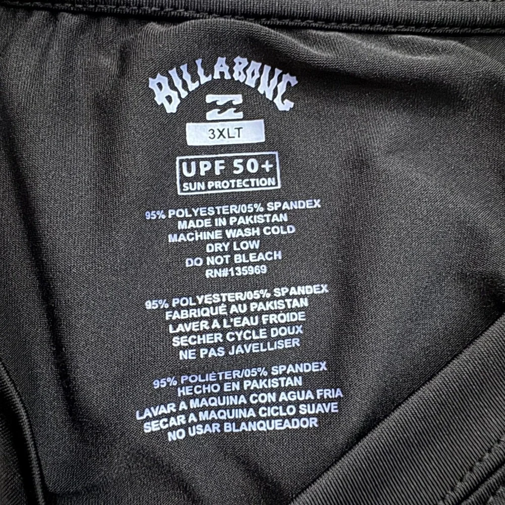 Billabong Rash Guard Mens 3XLT Black UPF 50+ Sun Protection Swim Shirt Logo 3XL